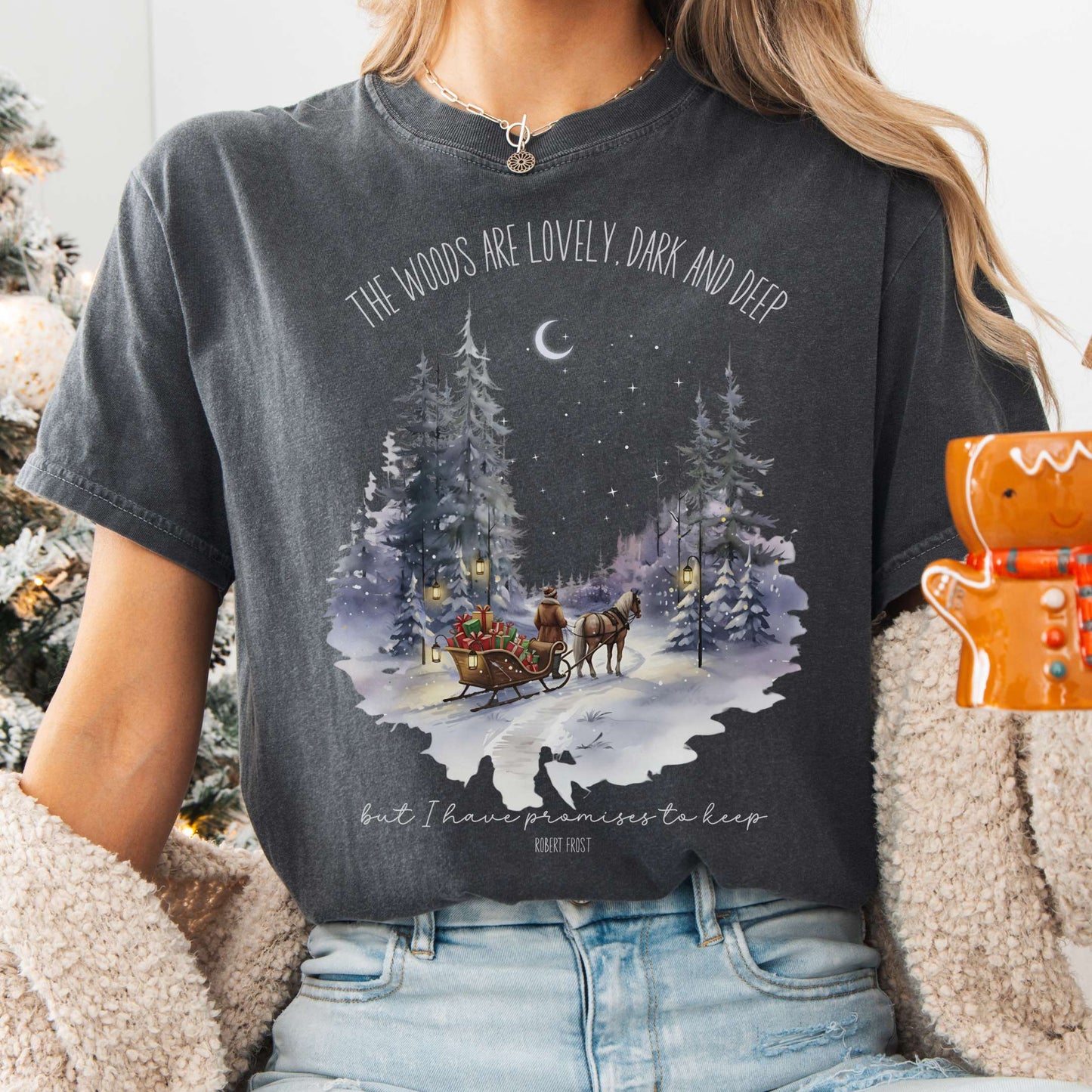 T-Shirt Pepper / S The Woods Are Lovely Robert Frost Christmas Tee The Mystic Eden