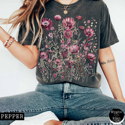 T-Shirt Pepper / S Vintage wildflower maroon floral shirt The Mystic Eden