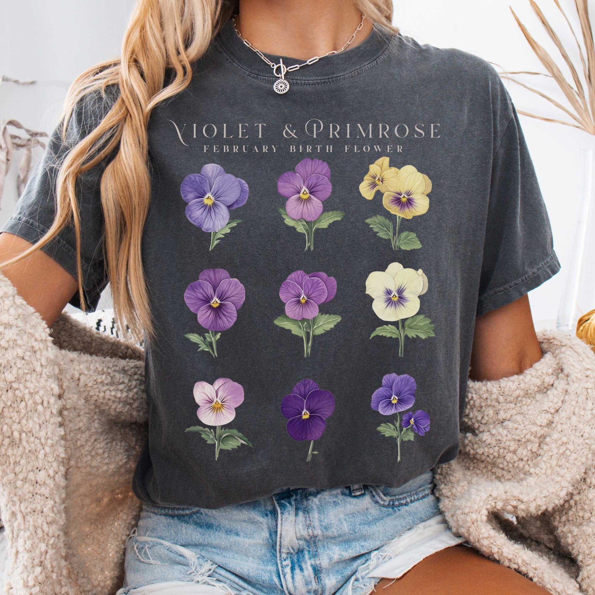 T-Shirt Pepper / S Violet & Primrose February Birth Month Flower Shirt The Mystic Eden