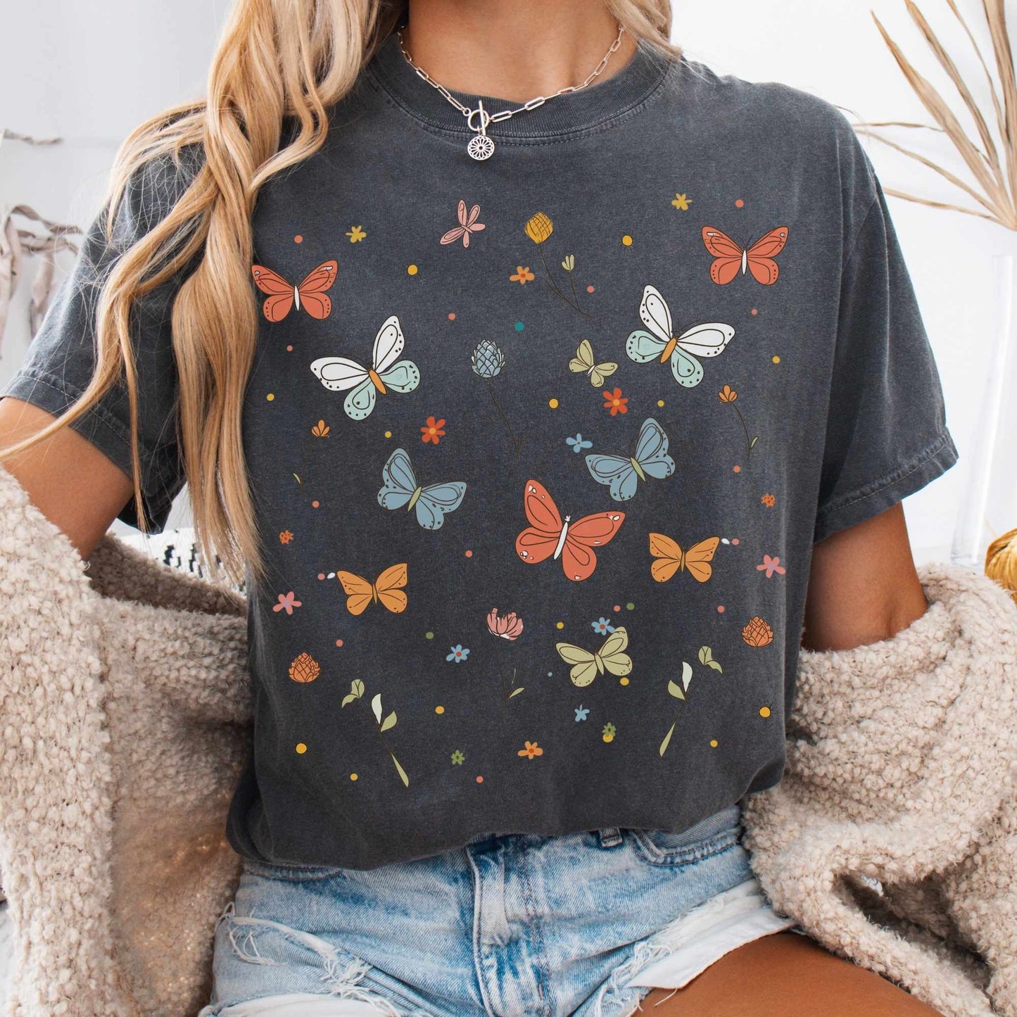 T-Shirt Pepper / S Whimsical Bright Butterflies Cottagecore Shirt The Mystic Eden