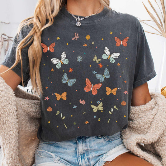 T-Shirt Pepper / S Whimsical Bright Butterflies Cottagecore Shirt The Mystic Eden