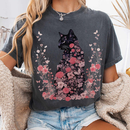 T-Shirt Pink Floral Black Cat Cottagecore Shirt The Mystic Eden