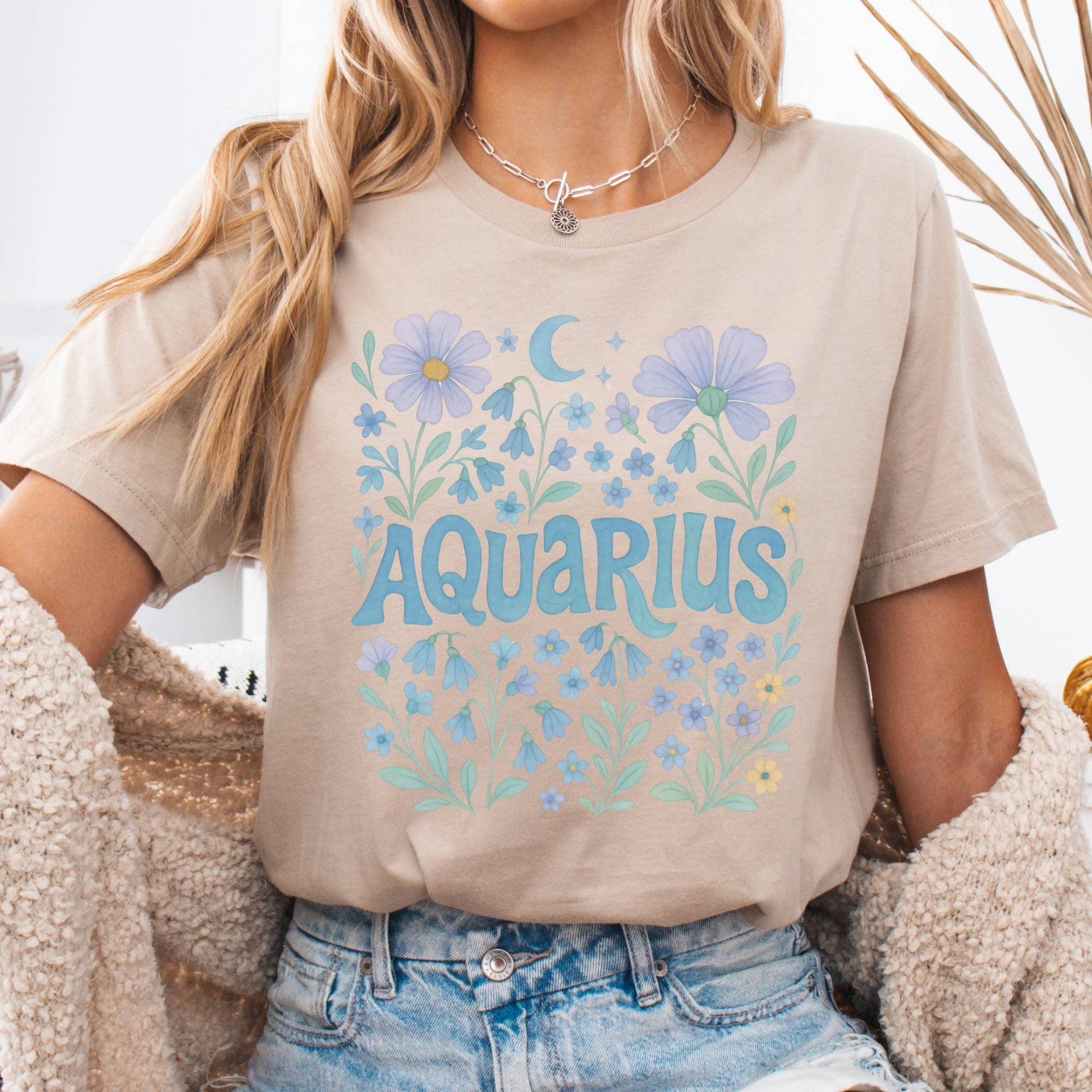 T-Shirt Tan / S Aquarius Floral T-Shirt – Retro Floral Zodiac Tee The Mystic Eden