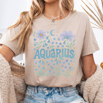 T-Shirt Tan / S Aquarius Floral T-Shirt – Retro Floral Zodiac Tee The Mystic Eden