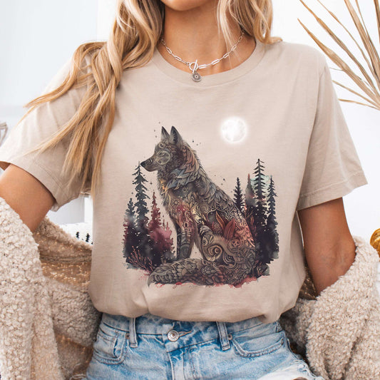 T-Shirt Tan / S Nightfall Wolf Bella + Canvas Tee – Mystical Forestcore Tee The Mystic Eden