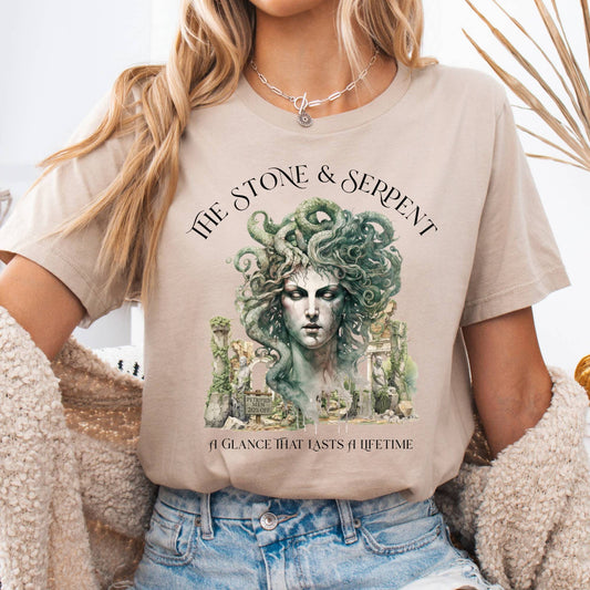 T-Shirt Tan / S The Stone & Serpent Bella + Canvas Tee – Medusa Mythology Tee The Mystic Eden
