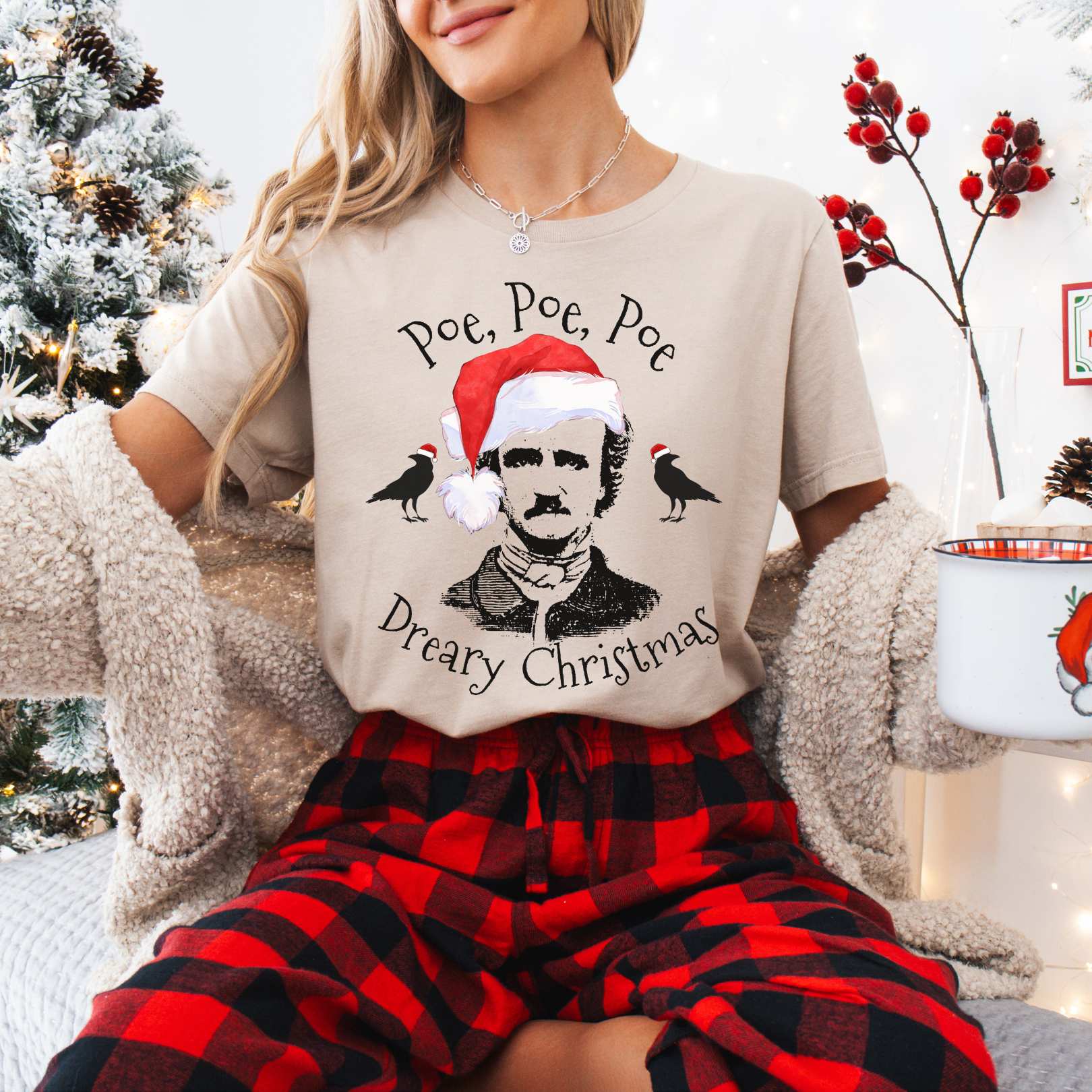 T-Shirt Tan / XS Poe, Poe, Poe - Dreary Christmas Tee The Mystic Eden