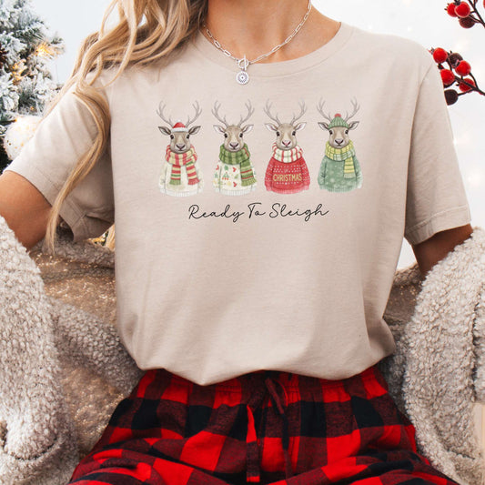 T-Shirt Tan / XS Ready to Sleigh — Festive Reindeer Christmas Tee The Mystic Eden