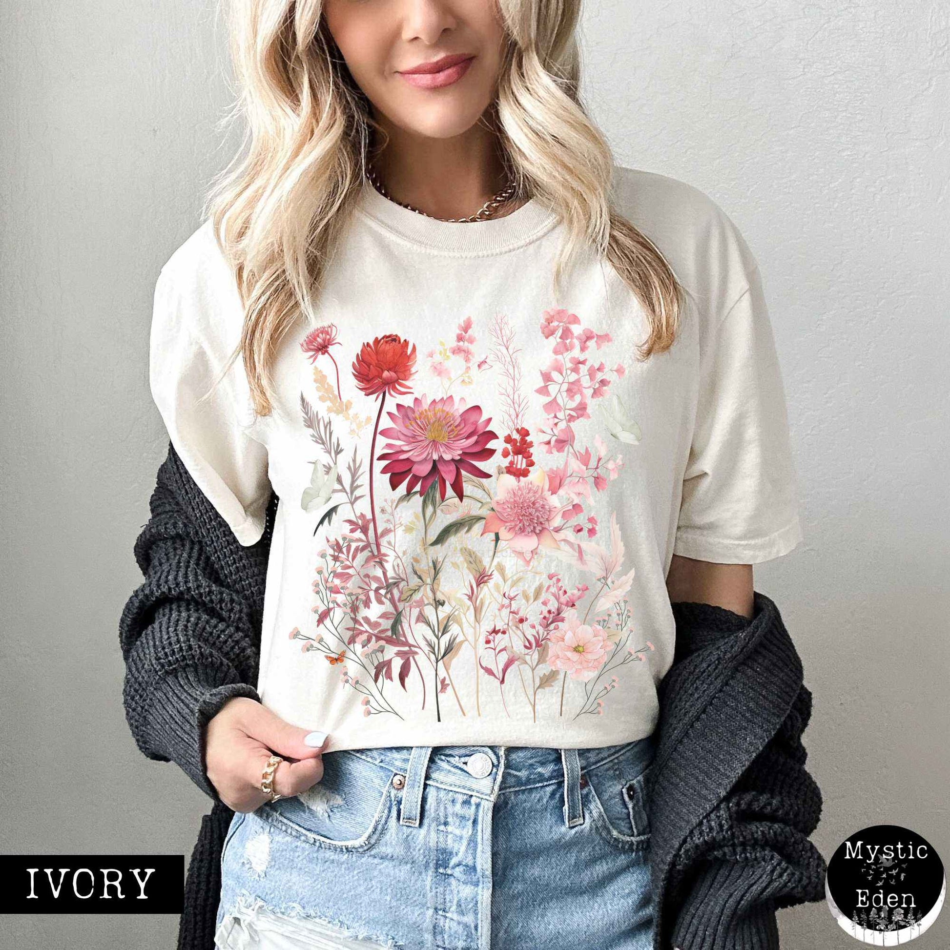 T-Shirt Vintage pink floral wildflower and butterfly shirt The Mystic Eden
