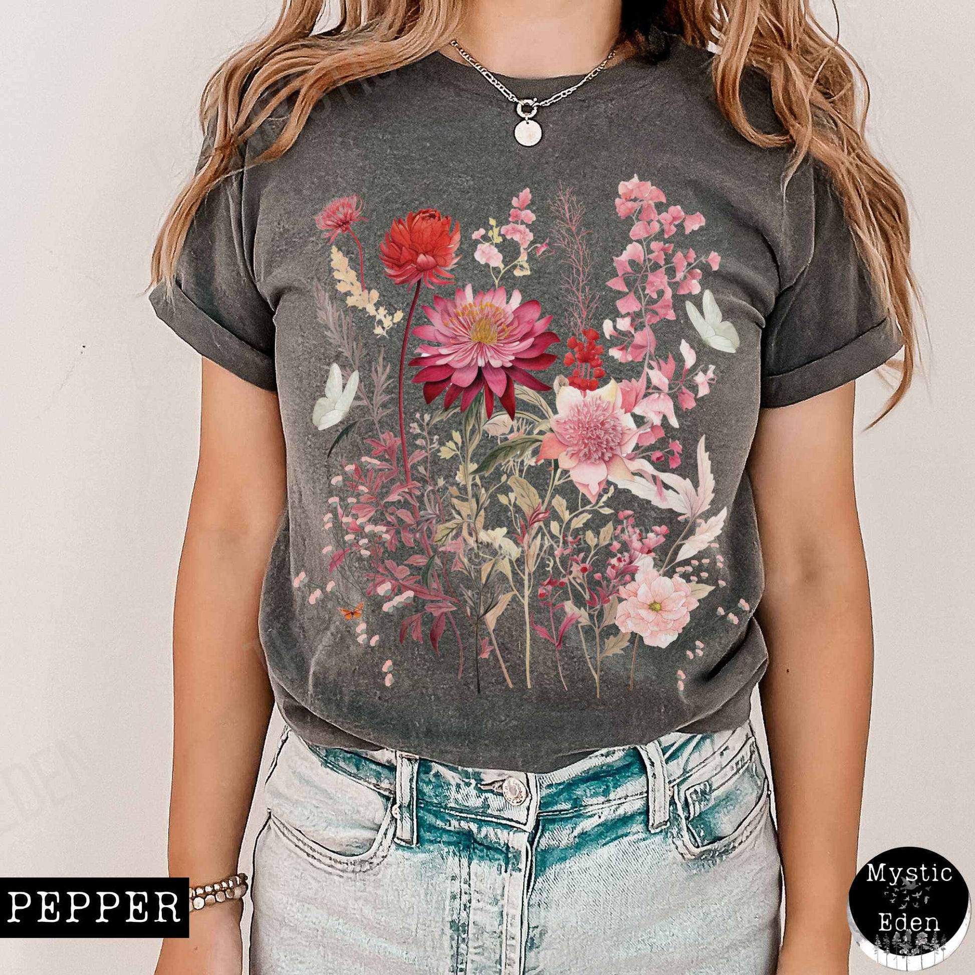 T-Shirt Vintage pink floral wildflower and butterfly shirt The Mystic Eden