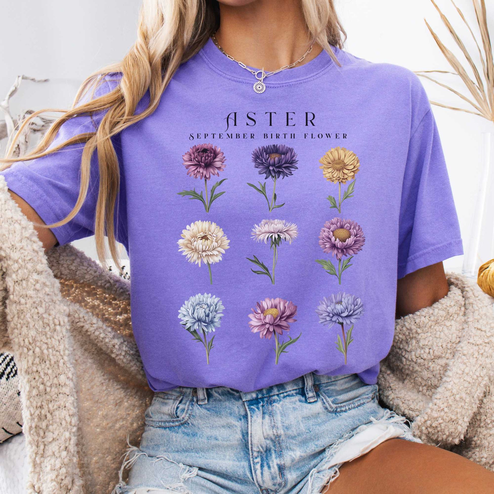 T-Shirt Violet / S Aster September Birth Month Flower Shirt The Mystic Eden