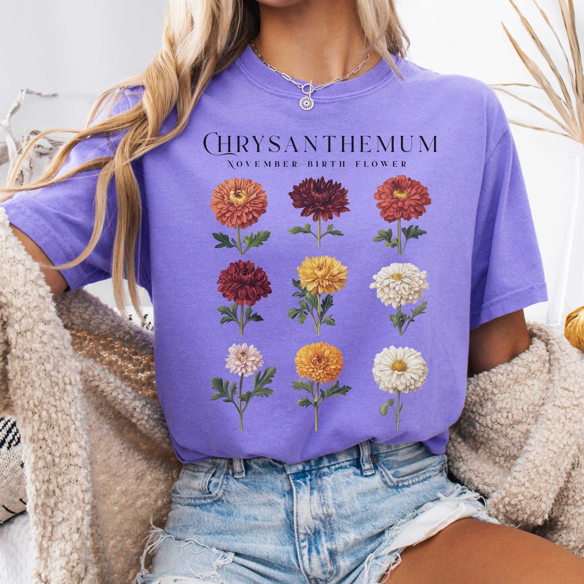 T-Shirt Violet / S Chrysanthemum November Birth Month Flower Shirt The Mystic Eden