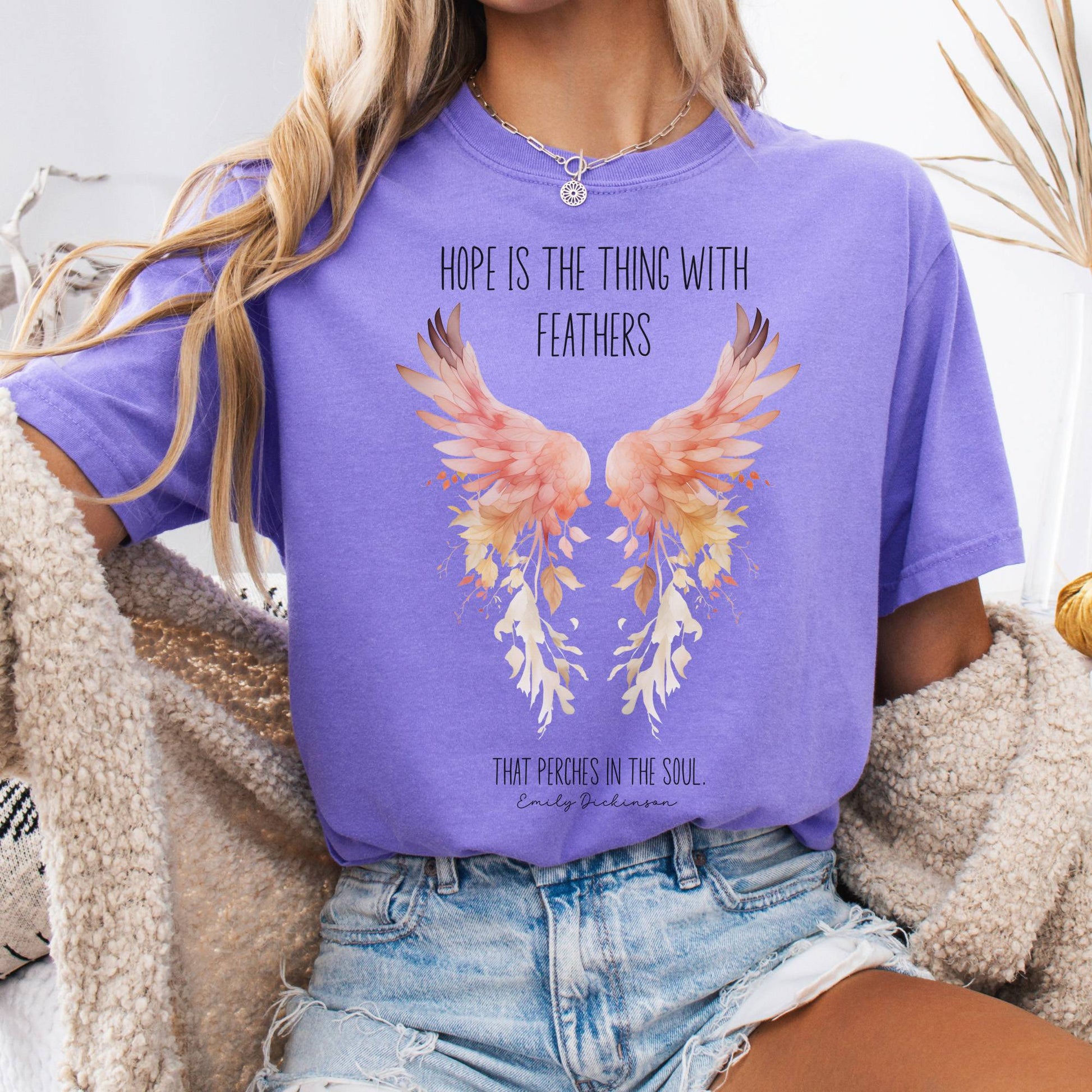 T-Shirt Violet / S Hope is the Thing With Feathers Emily Dickinson T-Shirt – Literary Wings Tee The Mystic Eden