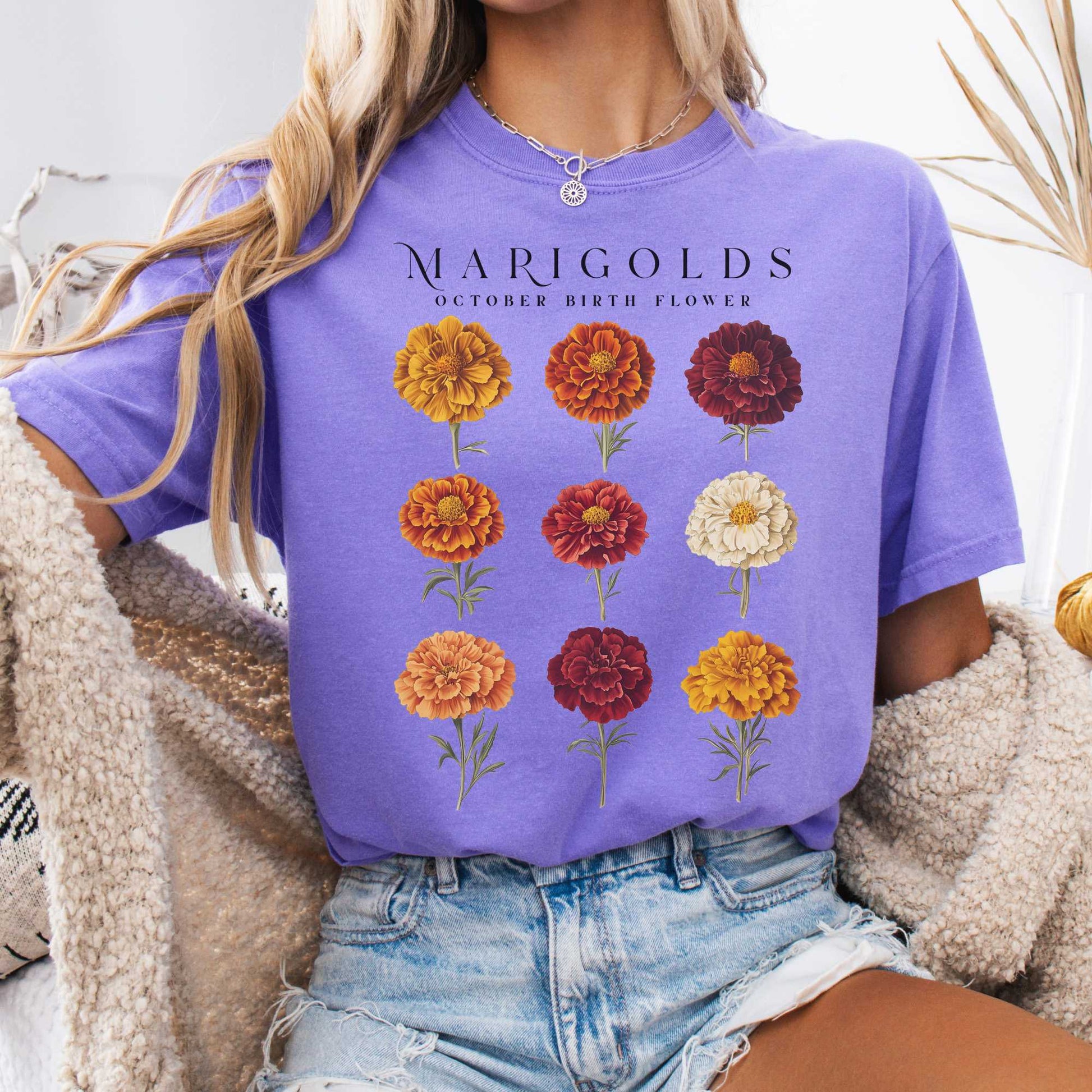 T-Shirt Violet / S Marigolds October Birth Month Flower Shirt The Mystic Eden