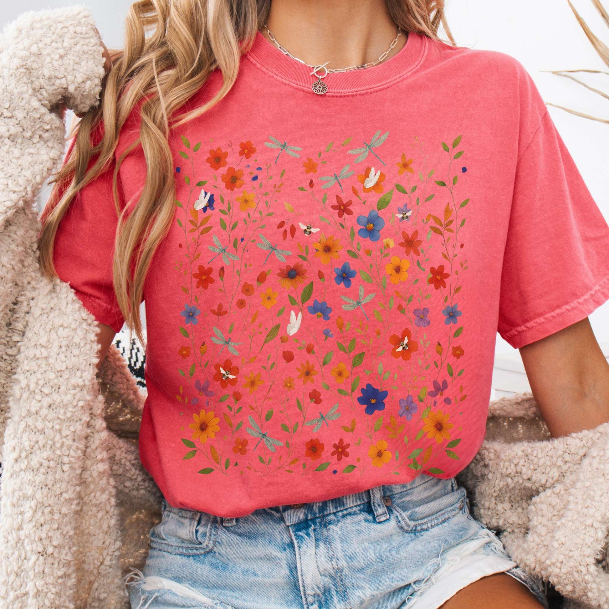 T-Shirt Watermelon / S Dragonfly Meadow T-Shirt – Whimsical Floral Tee The Mystic Eden