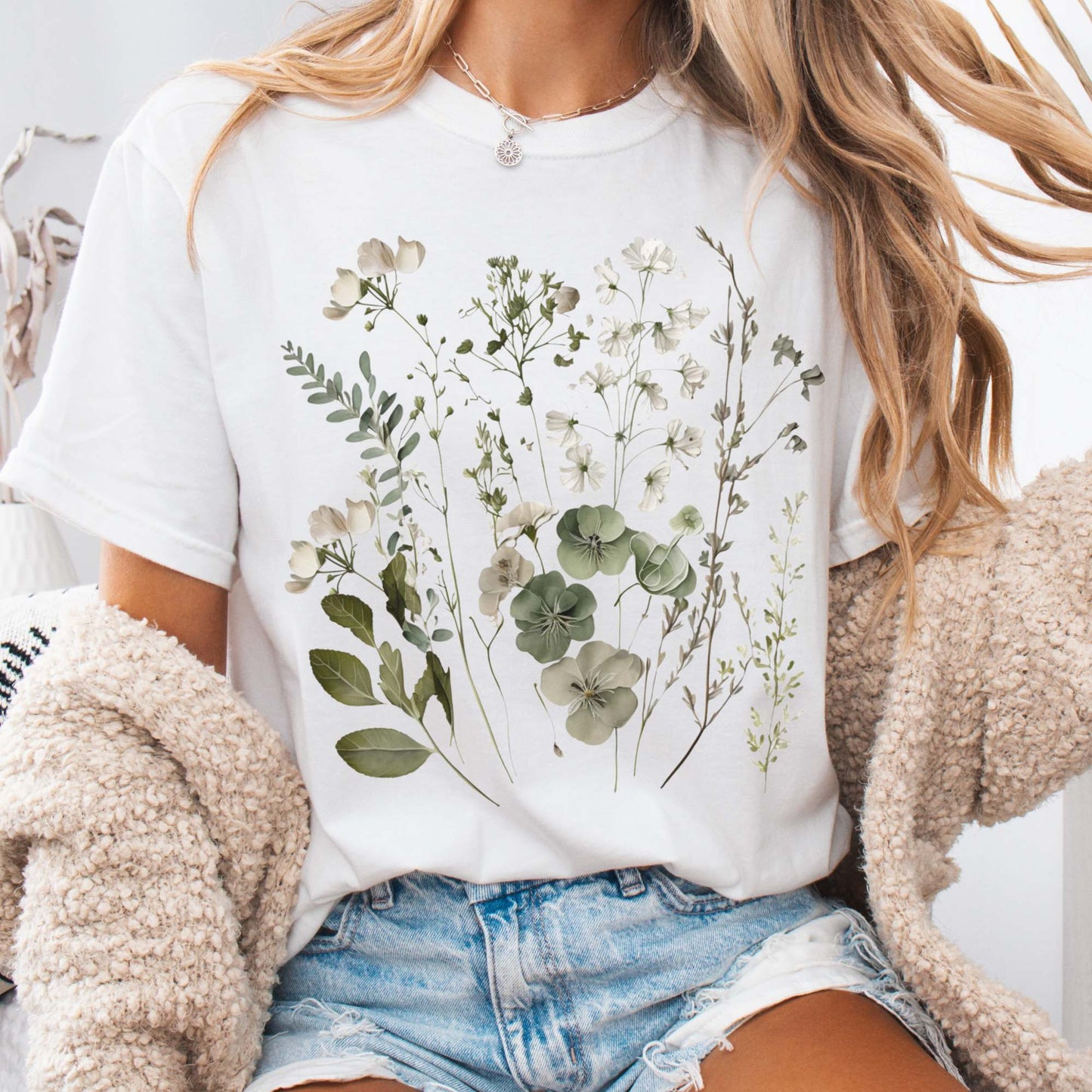 T-Shirt White / S Vintage cottagecore sage and white wildflower shirt The Mystic Eden