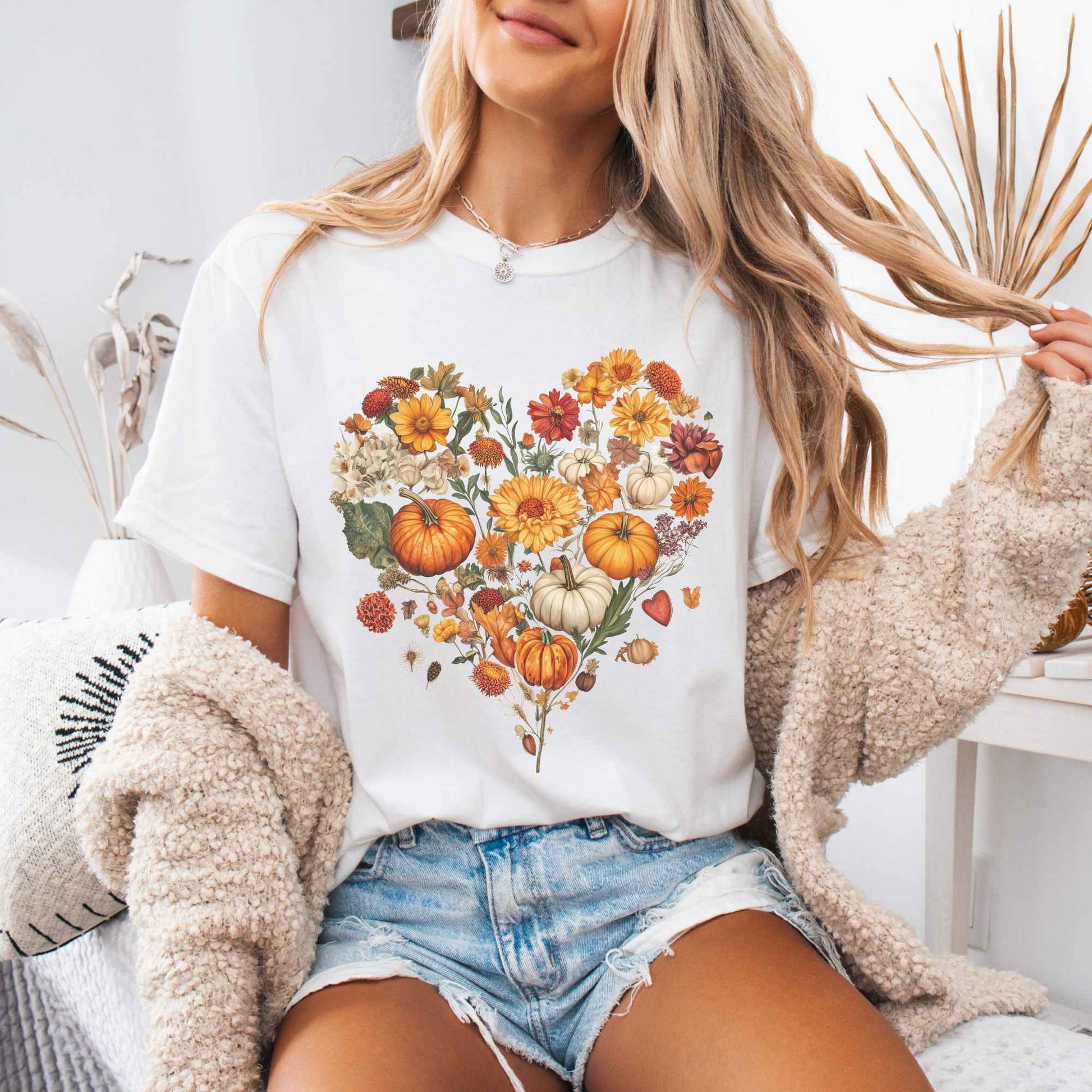 T-Shirt White / S Vintage fall floral pumpkin heart tee The Mystic Eden