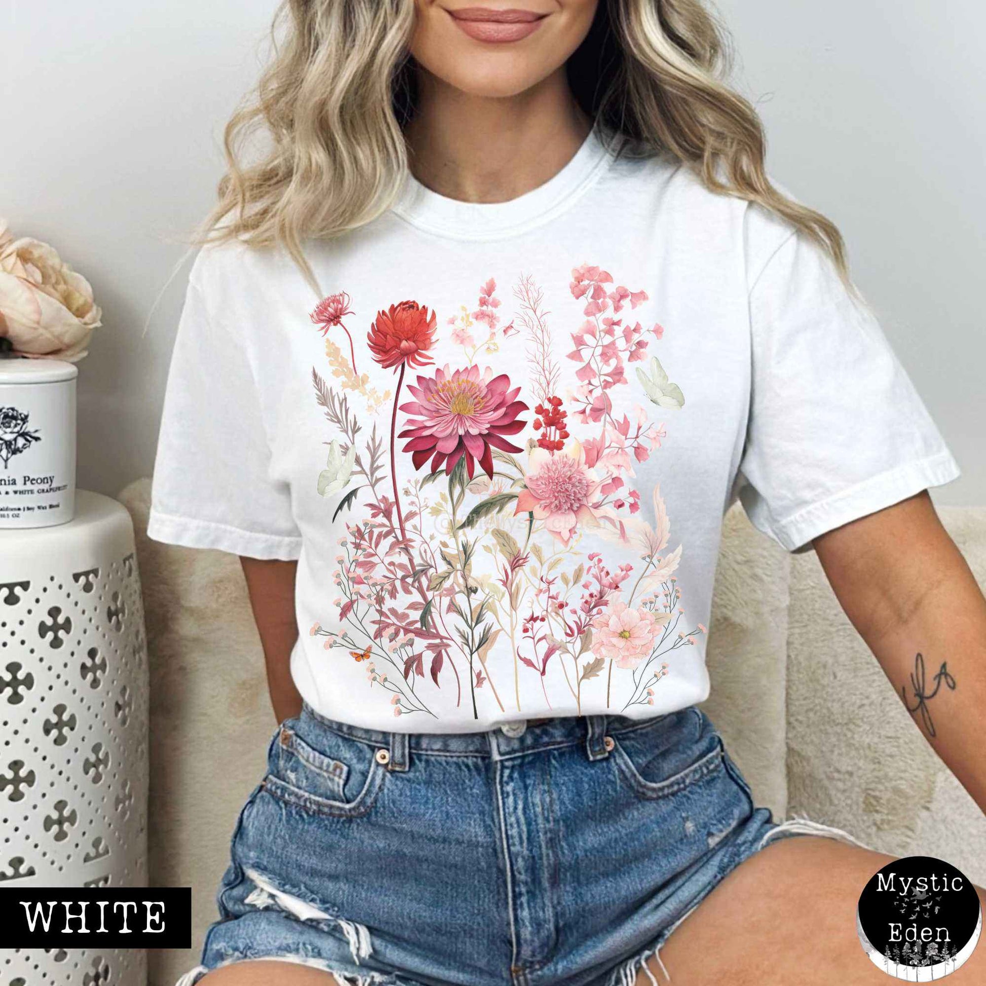 T-Shirt White / S Vintage pink floral wildflower and butterfly shirt The Mystic Eden