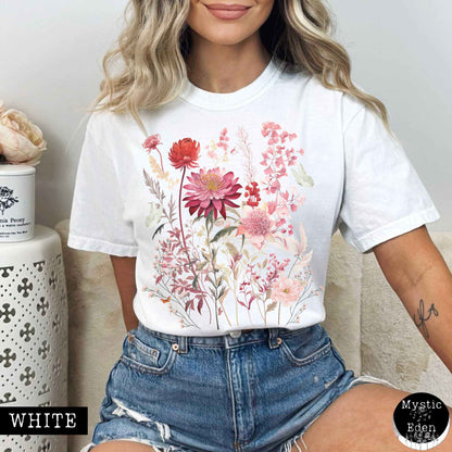 T-Shirt White / S Vintage pink floral wildflower and butterfly shirt The Mystic Eden