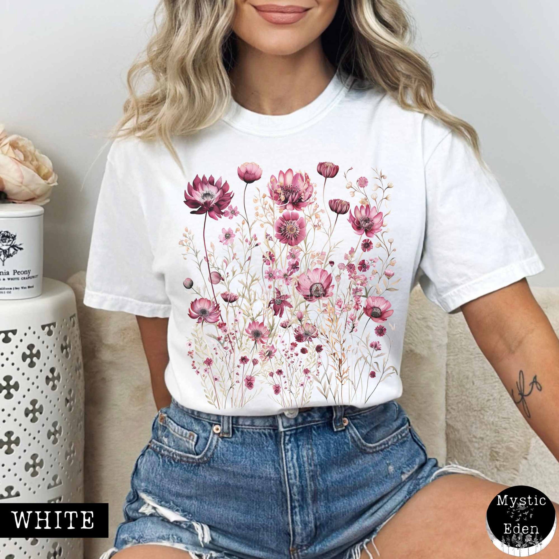 T-Shirt White / S Vintage wildflower maroon floral shirt The Mystic Eden