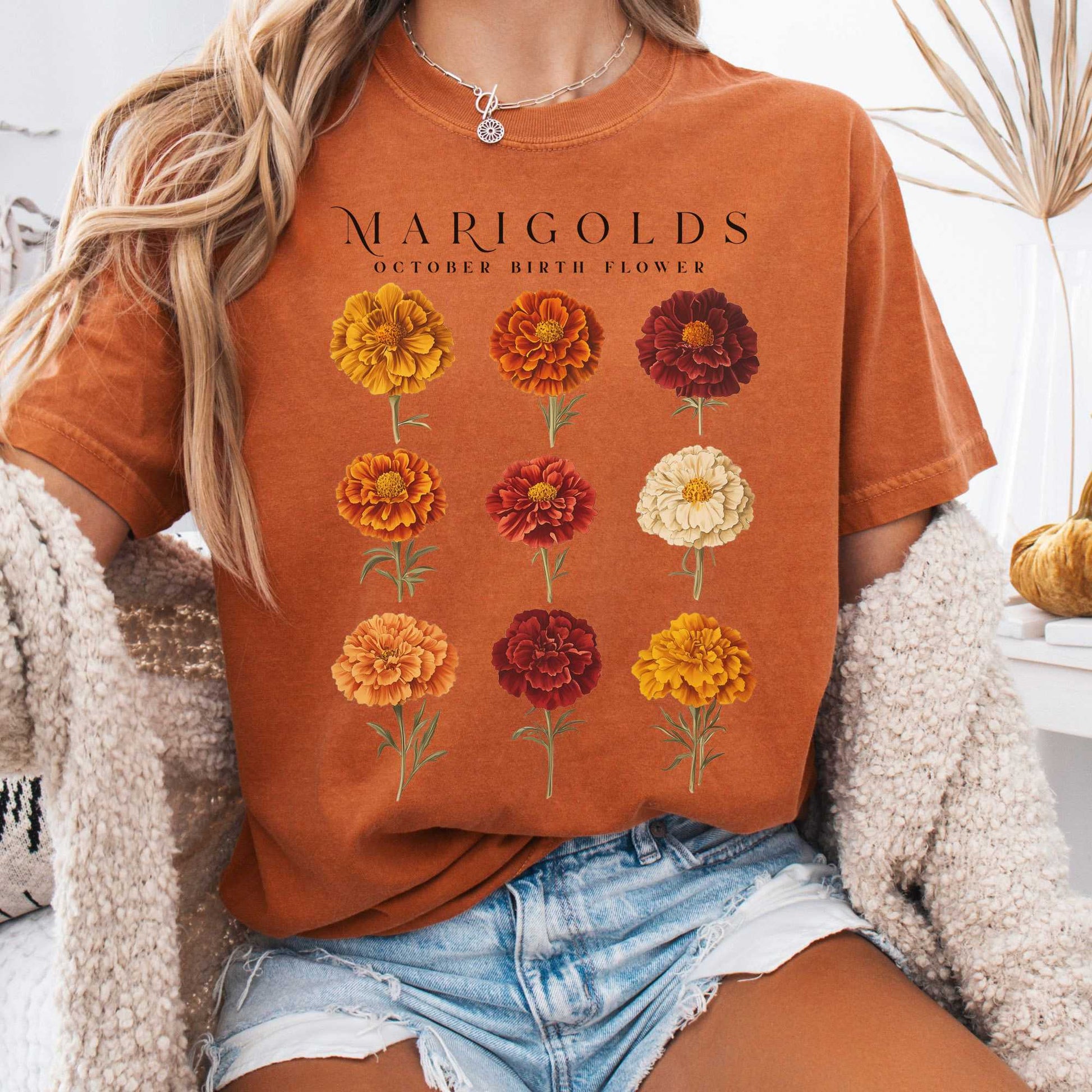 T-Shirt Yam / S Marigolds October Birth Month Flower Shirt The Mystic Eden