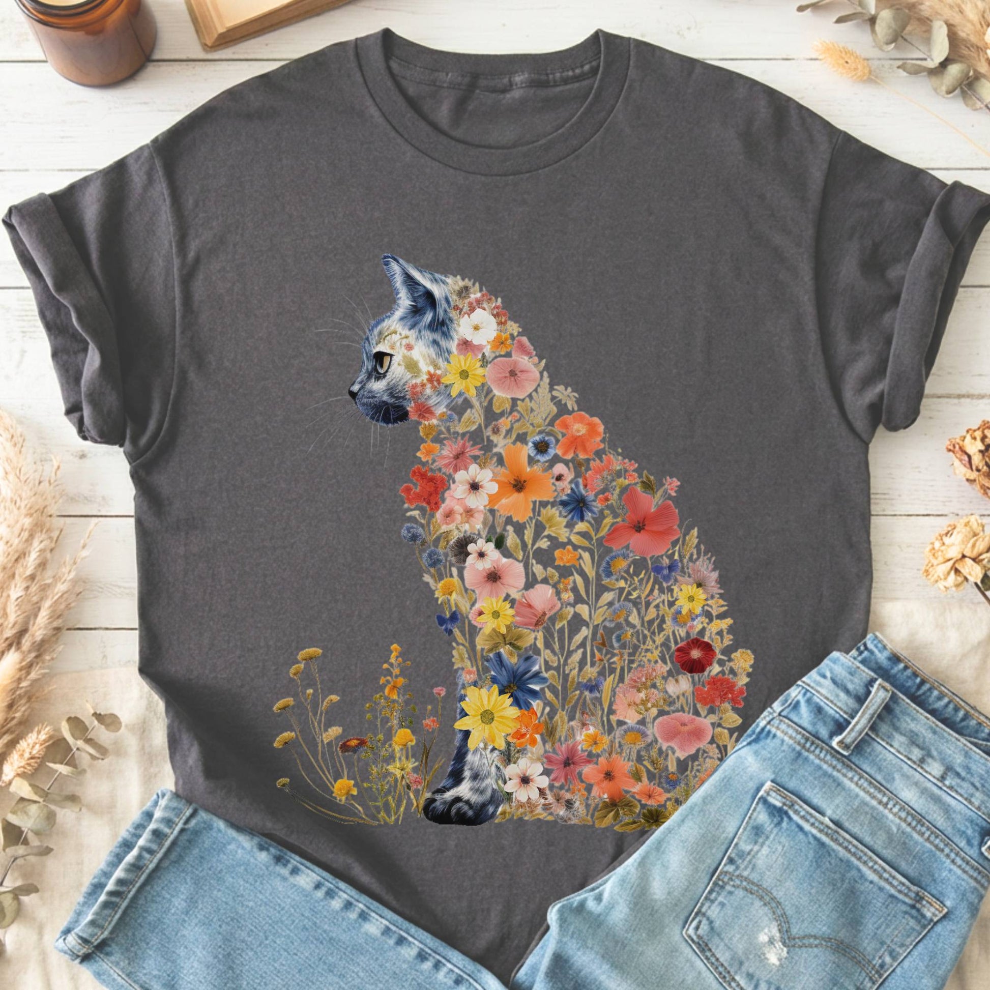 T-Shirts Charcoal / S Cottagecore Floral Cat T-Shirt The Mystic Eden