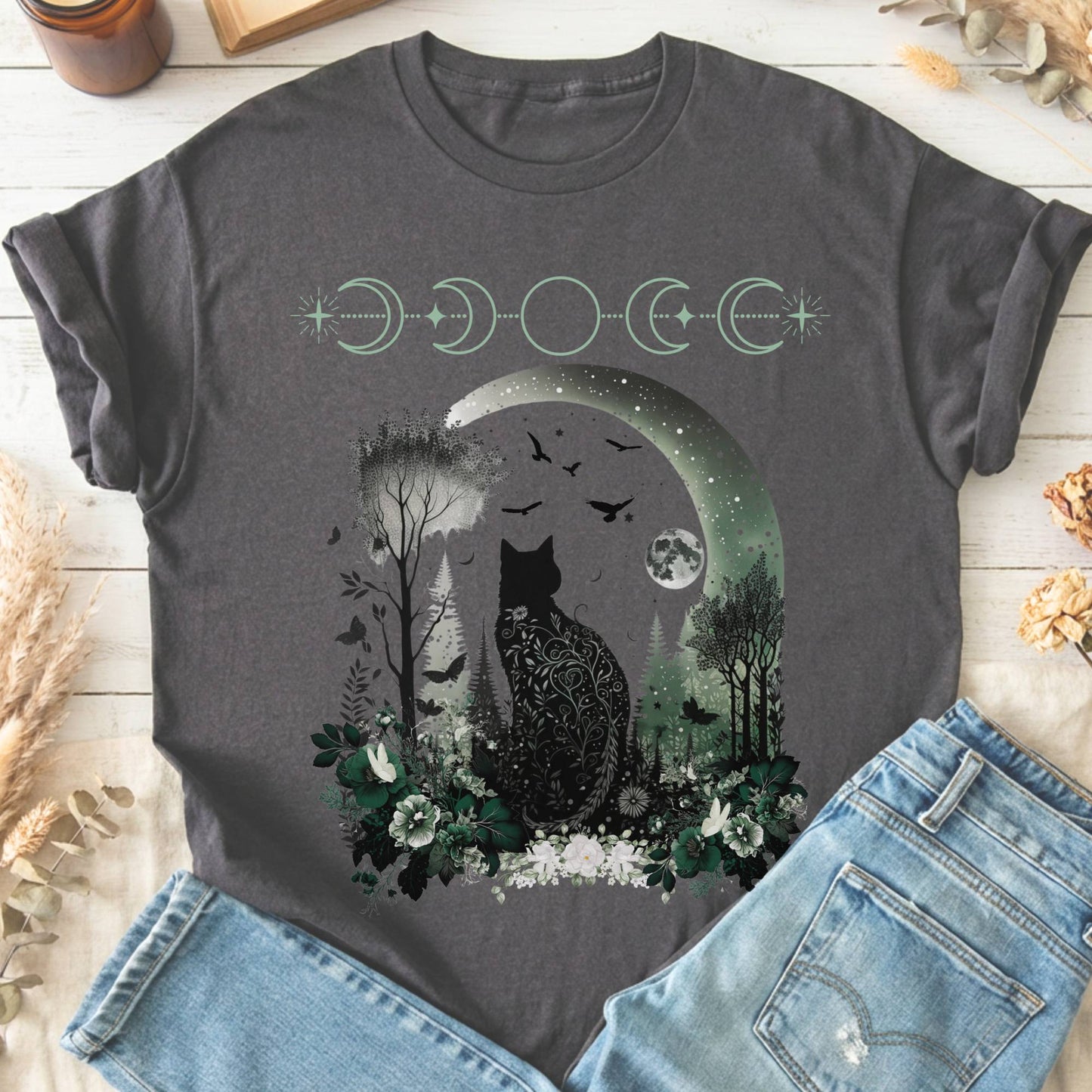 T-Shirts Charcoal / S Mystical Black Cat Design T-Shirt The Mystic Eden