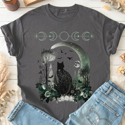 T-Shirts Charcoal / S Mystical Black Cat Design T-Shirt The Mystic Eden