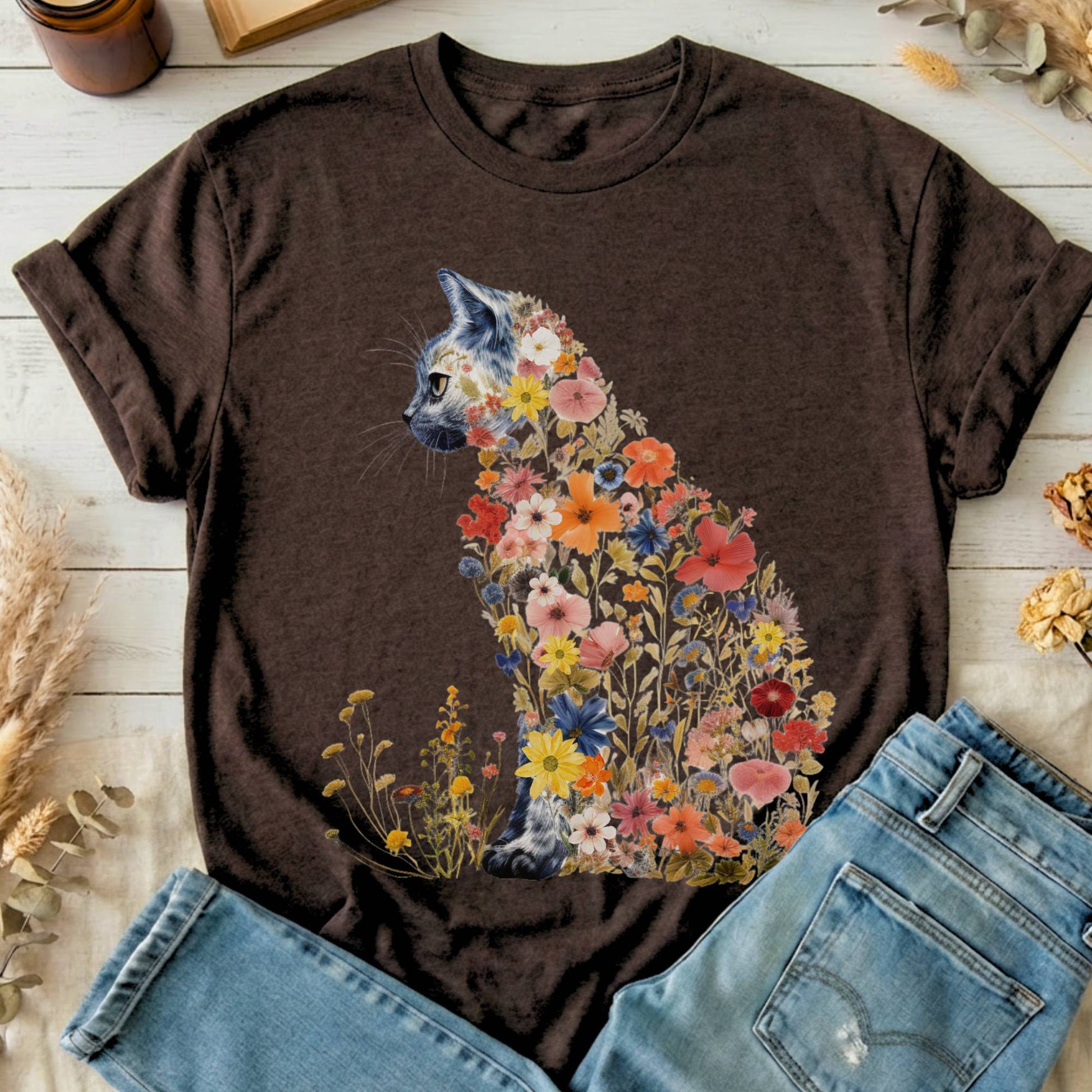 T-Shirts Dark Chocolate / S Cottagecore Floral Cat T-Shirt The Mystic Eden