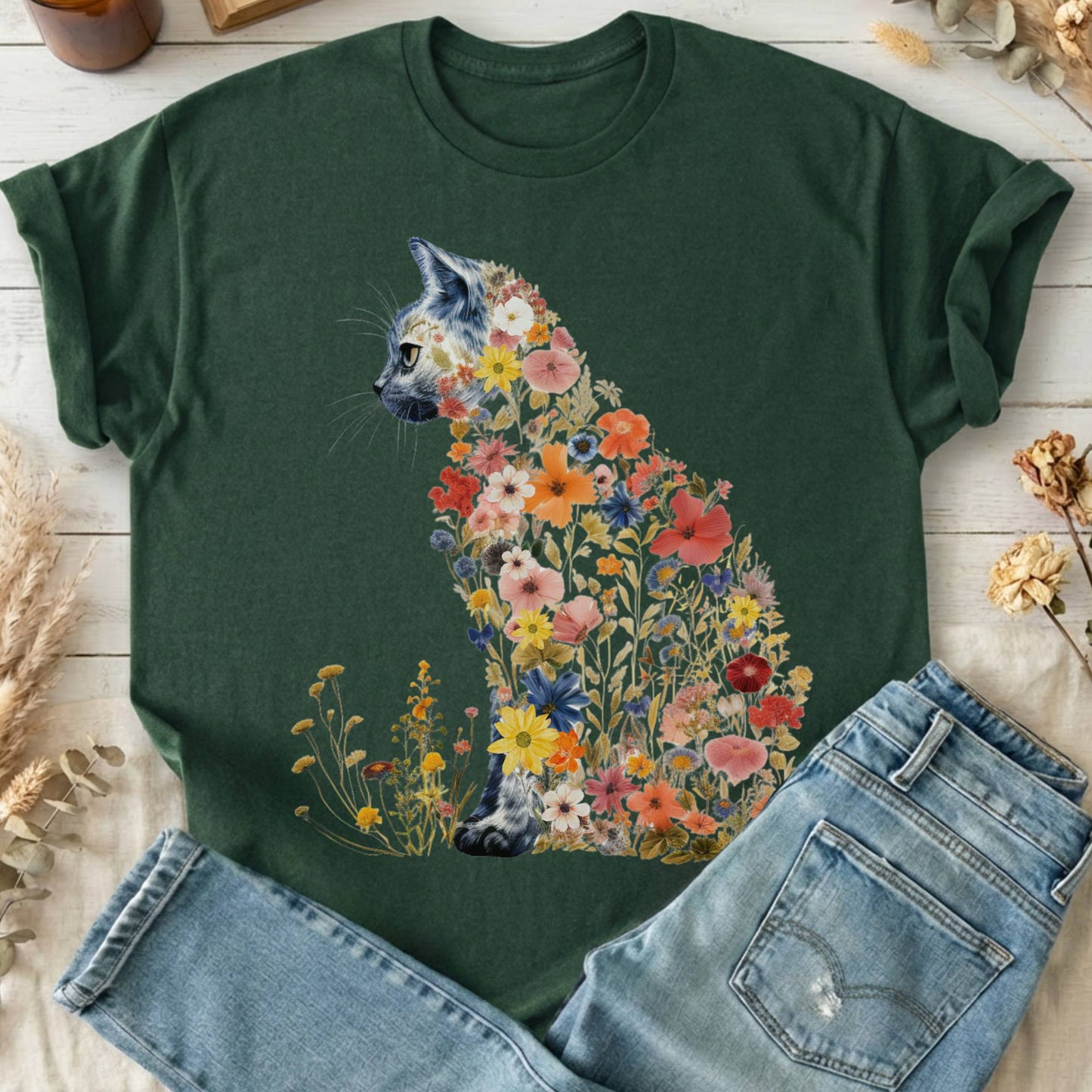 T-Shirts Forest Green / S Cottagecore Floral Cat T-Shirt The Mystic Eden