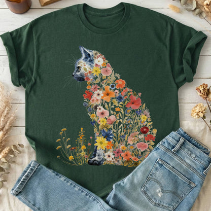T-Shirts Forest Green / S Cottagecore Floral Cat T-Shirt The Mystic Eden