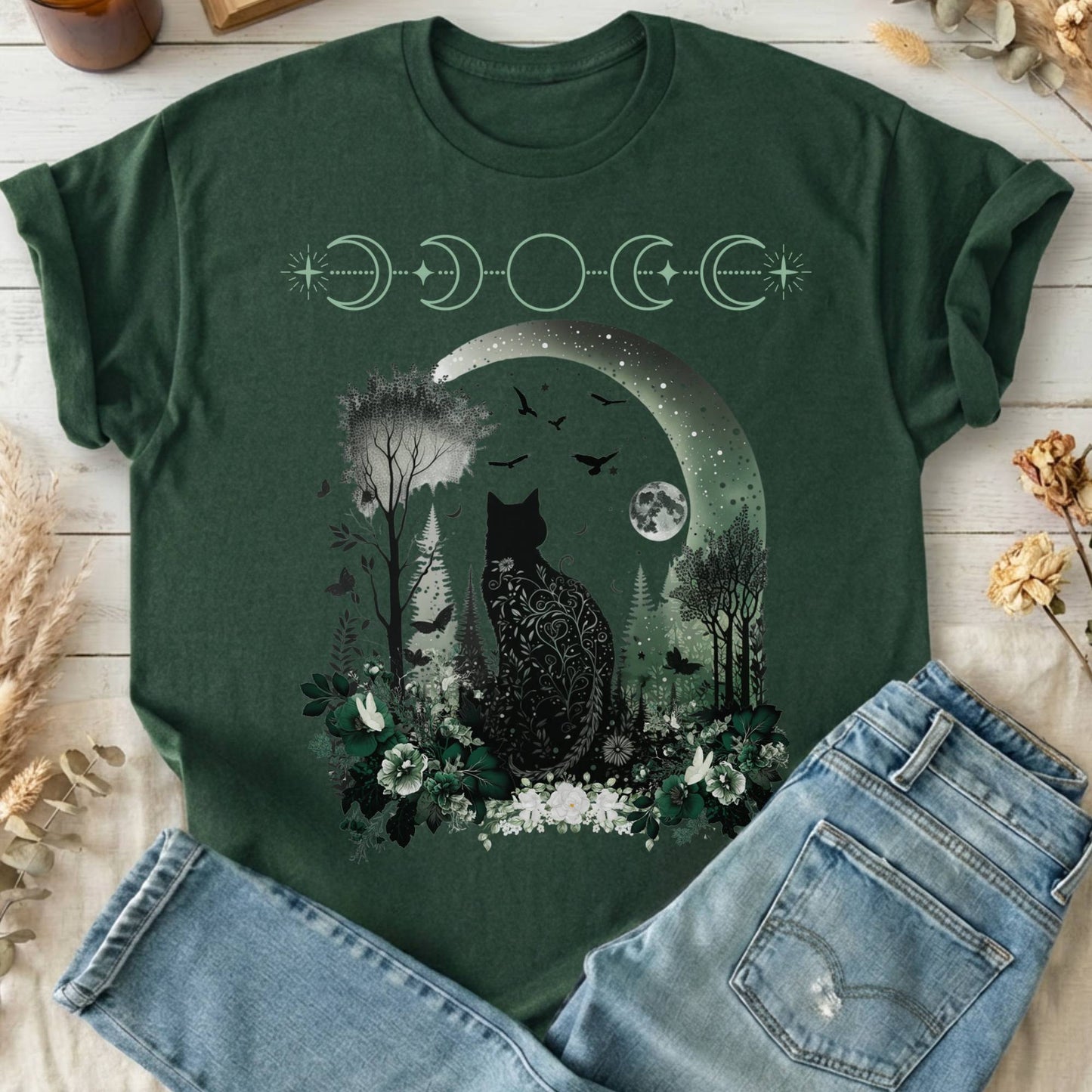 T-Shirts Forest Green / S Mystical Black Cat Design T-Shirt The Mystic Eden