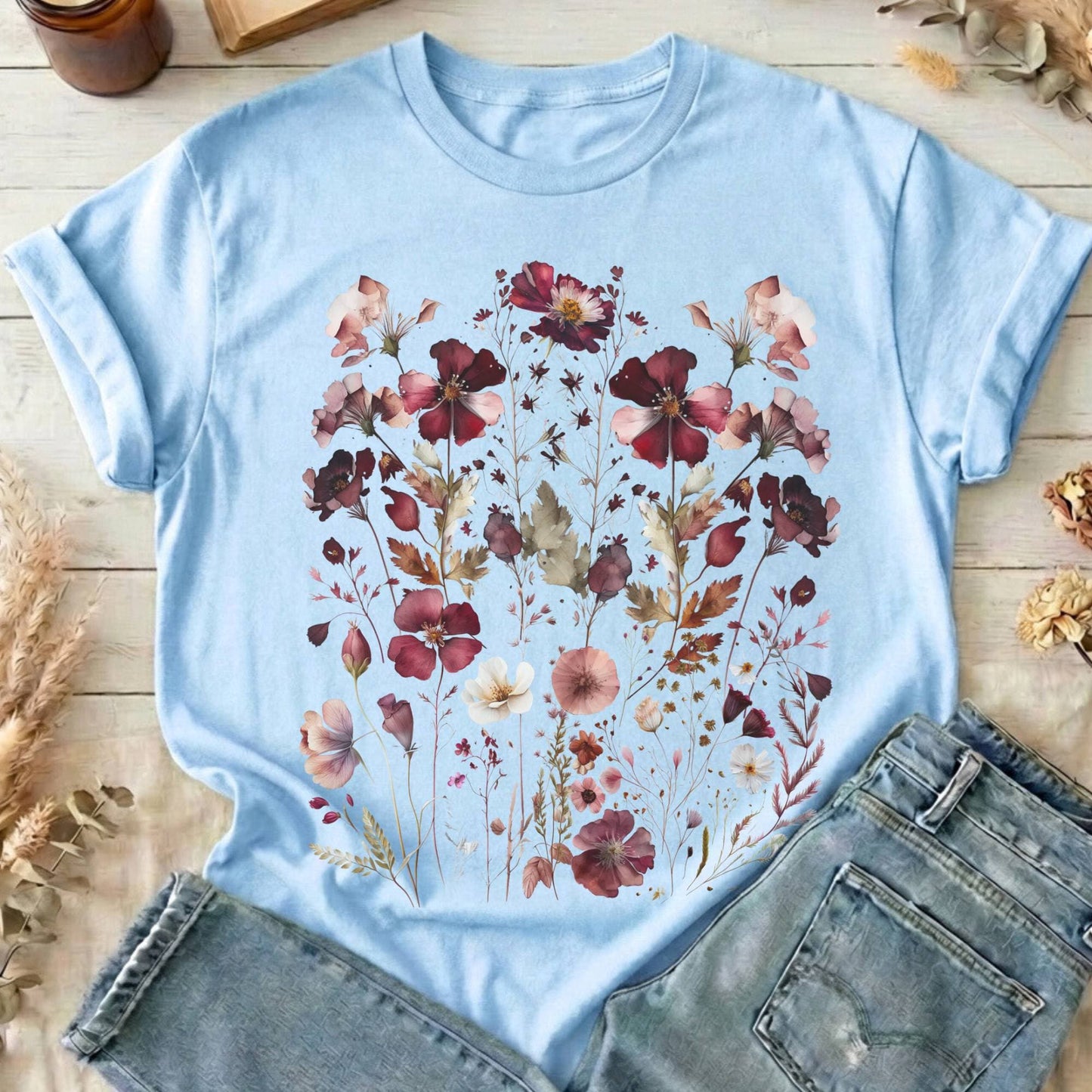 T-Shirts Light Blue / S Maroon Pressed Flowers Cottagecore T-Shirt The Mystic Eden