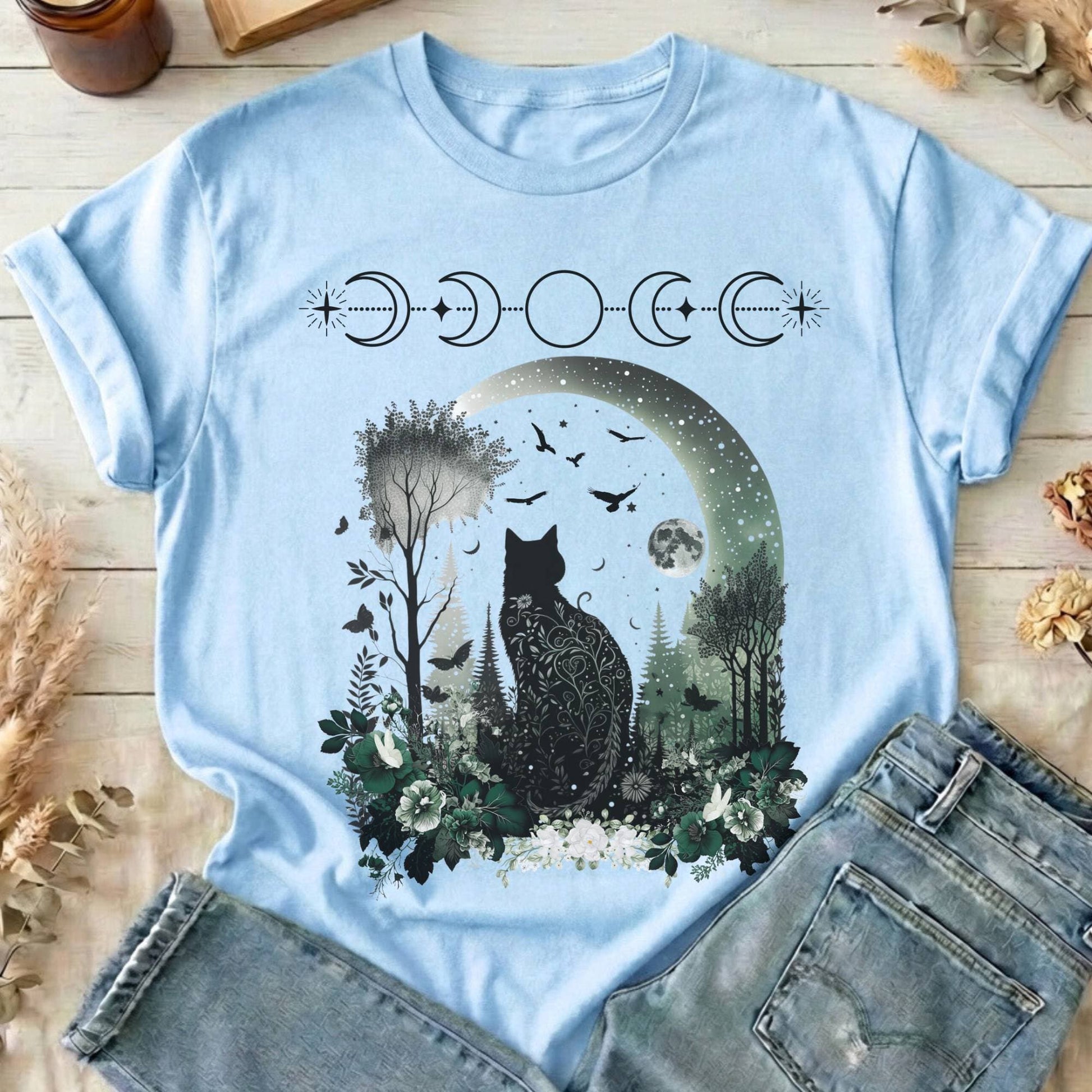 T-Shirts Light Blue / S Mystical Black Cat Design T-Shirt The Mystic Eden