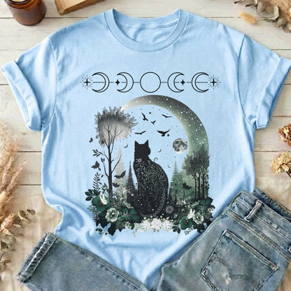T-Shirts Light Blue / S Mystical Black Cat Design T-Shirt The Mystic Eden