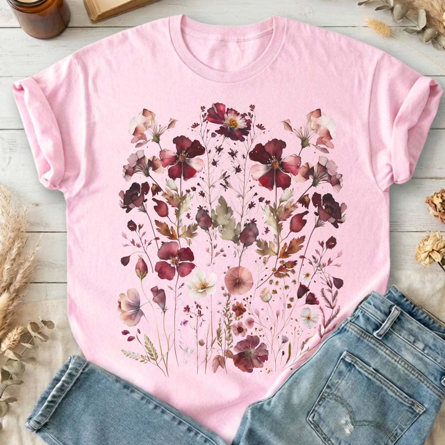 T-Shirts Light Pink / S Maroon Pressed Flowers Cottagecore T-Shirt The Mystic Eden