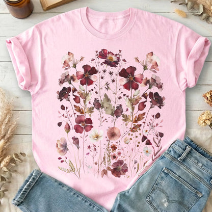 T-Shirts Light Pink / S Maroon Pressed Flowers Cottagecore T-Shirt The Mystic Eden