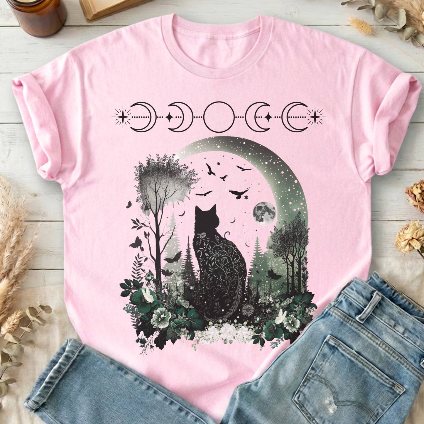 T-Shirts Light Pink / S Mystical Black Cat Design T-Shirt The Mystic Eden