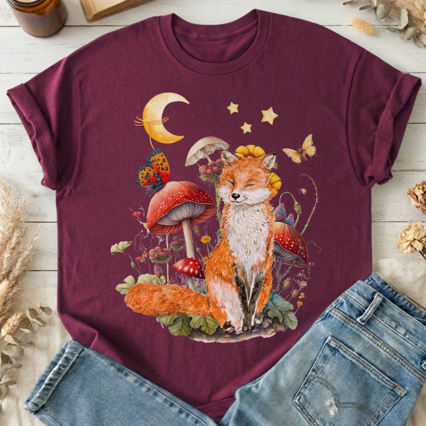 T-Shirts Maroon / S Cottagecore Fox T-Shirt The Mystic Eden