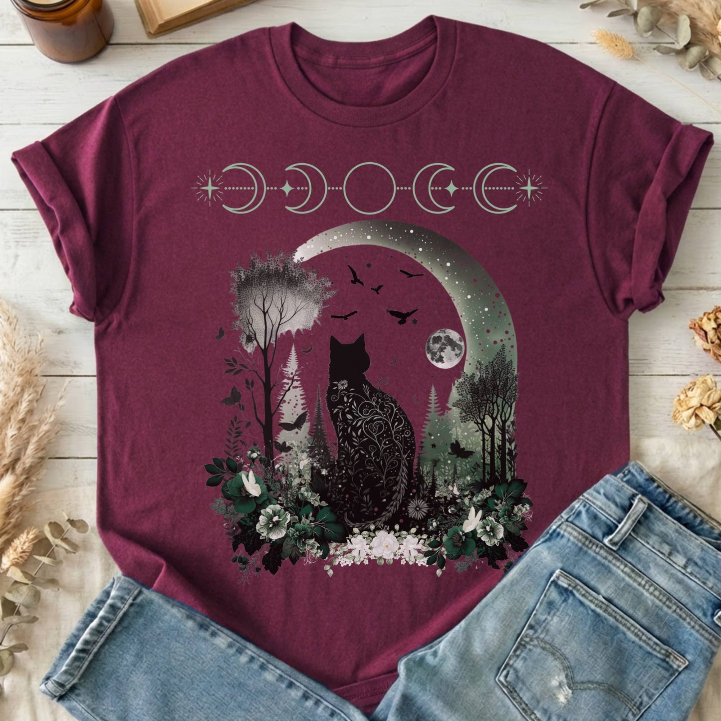 T-Shirts Maroon / S Mystical Black Cat Design T-Shirt The Mystic Eden