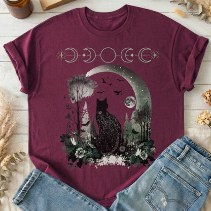 T-Shirts Maroon / S Mystical Black Cat Design T-Shirt The Mystic Eden