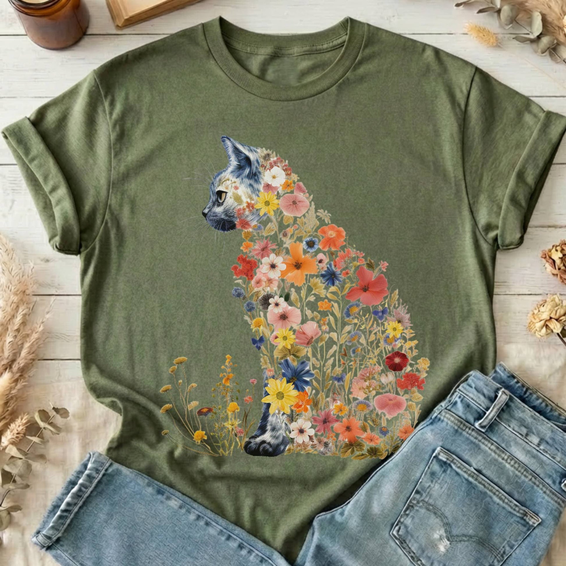 T-Shirts Military Green / S Cottagecore Floral Cat T-Shirt The Mystic Eden