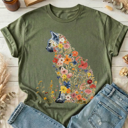 T-Shirts Military Green / S Cottagecore Floral Cat T-Shirt The Mystic Eden