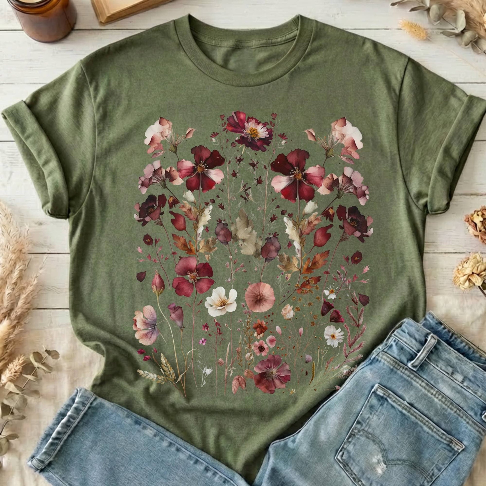 T-Shirts Military Green / S Maroon Pressed Flowers Cottagecore T-Shirt The Mystic Eden