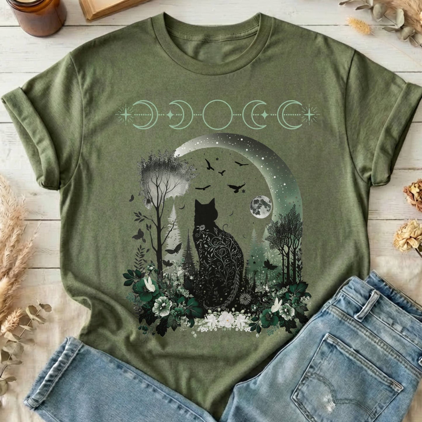 T-Shirts Military Green / S Mystical Black Cat Design T-Shirt The Mystic Eden