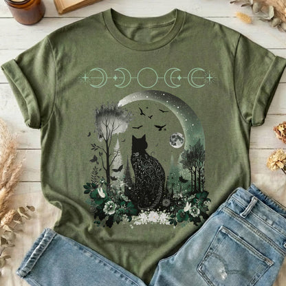 T-Shirts Military Green / S Mystical Black Cat Design T-Shirt The Mystic Eden