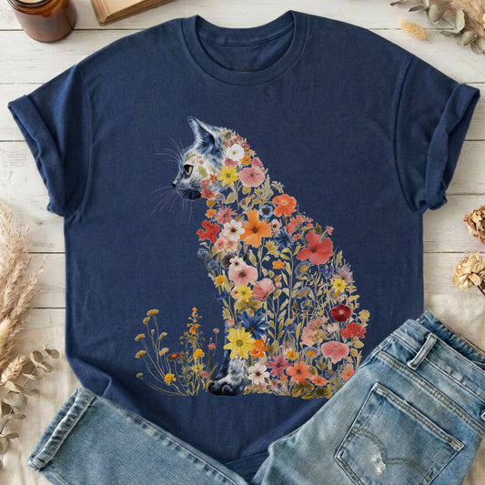 T-Shirts Navy / S Cottagecore Floral Cat T-Shirt The Mystic Eden