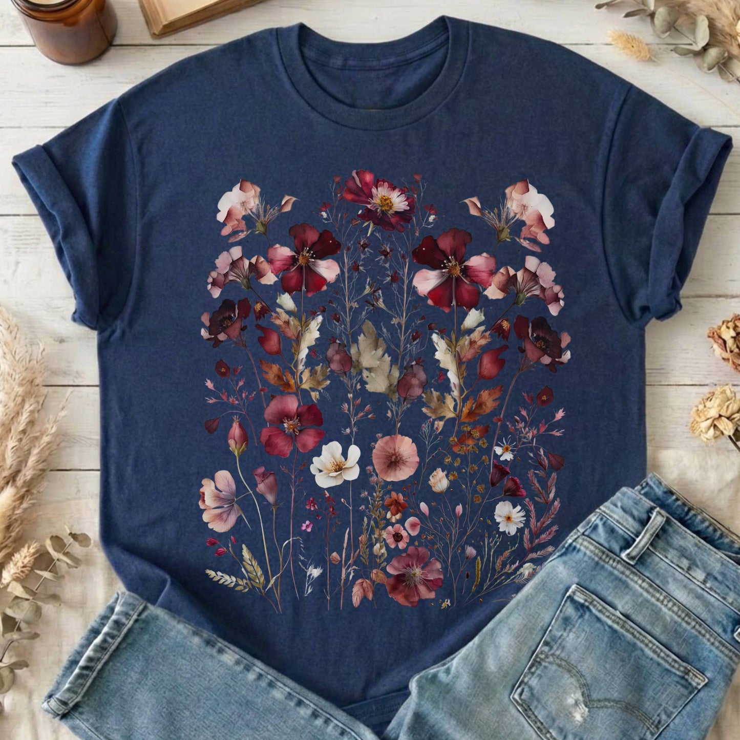 T-Shirts Navy / S Maroon Pressed Flowers Cottagecore T-Shirt The Mystic Eden
