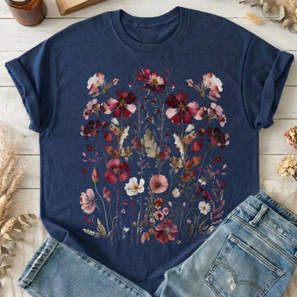 T-Shirts Navy / S Maroon Pressed Flowers Cottagecore T-Shirt The Mystic Eden