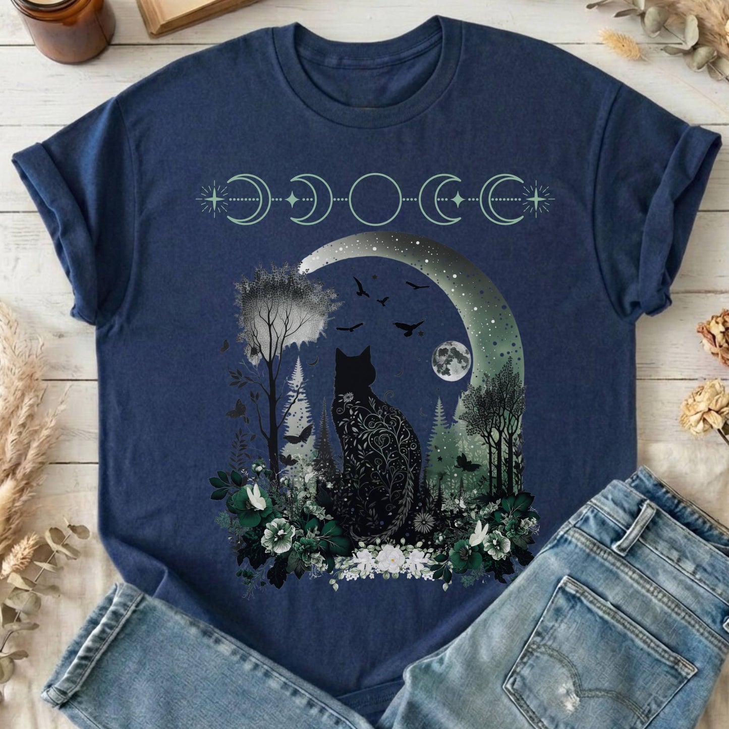 T-Shirts Navy / S Mystical Black Cat Design T-Shirt The Mystic Eden